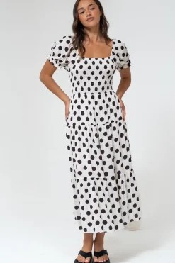 Hush Midi Dress - Square Neckline Dress with Pockets in Chocolate Spot><noscript><img width=