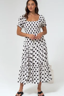 Hush Midi Dress - Square Neckline Dress with Pockets in Chocolate Spot><noscript><img width=