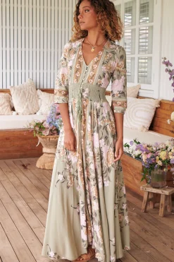 Indiana Maxi Dress - Lace Back Shirred Waist A Line Dress with Handkerchief Hemline in Adore You Print>Jaase Outlet