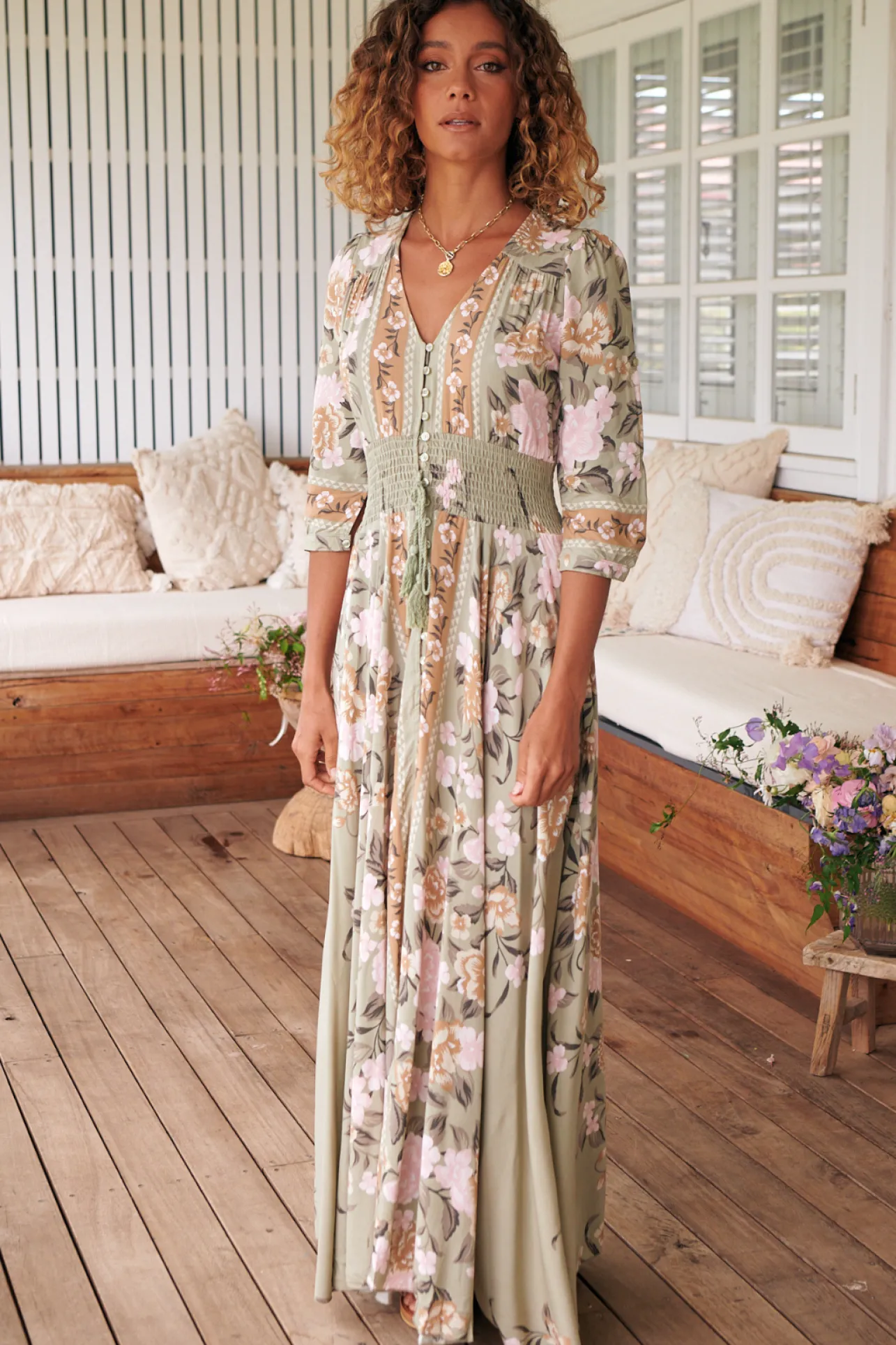 Indiana Maxi Dress - Lace Back Shirred Waist A Line Dress with Handkerchief Hemline in Adore You Print>Jaase Outlet