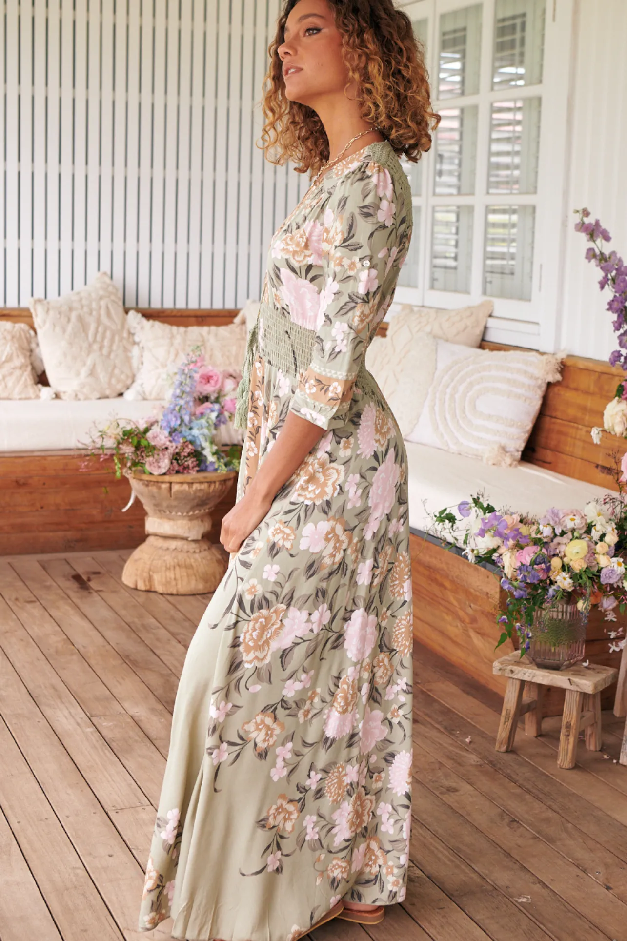 Indiana Maxi Dress - Lace Back Shirred Waist A Line Dress with Handkerchief Hemline in Adore You Print>Jaase Outlet
