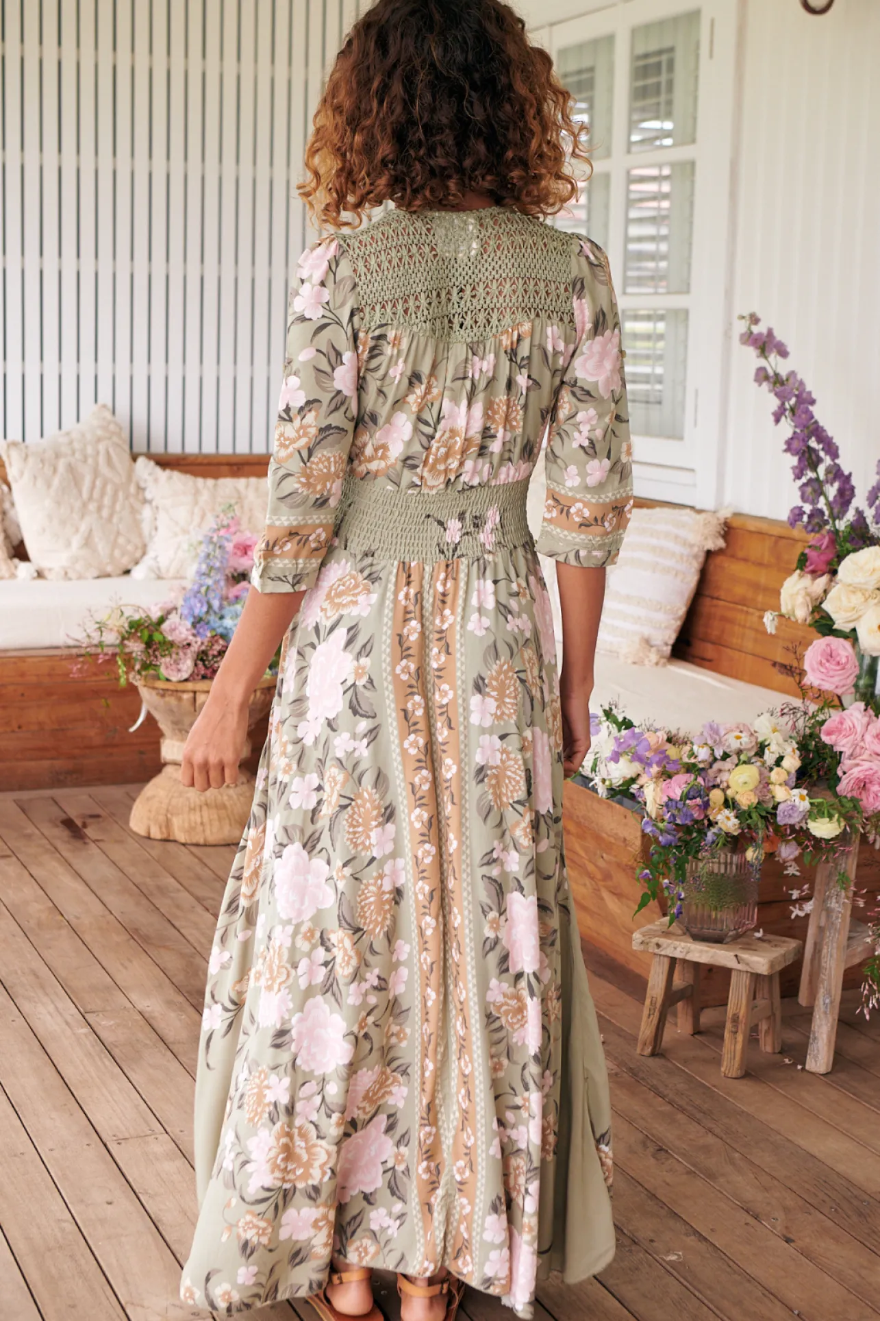 Indiana Maxi Dress - Lace Back Shirred Waist A Line Dress with Handkerchief Hemline in Adore You Print>Jaase Outlet