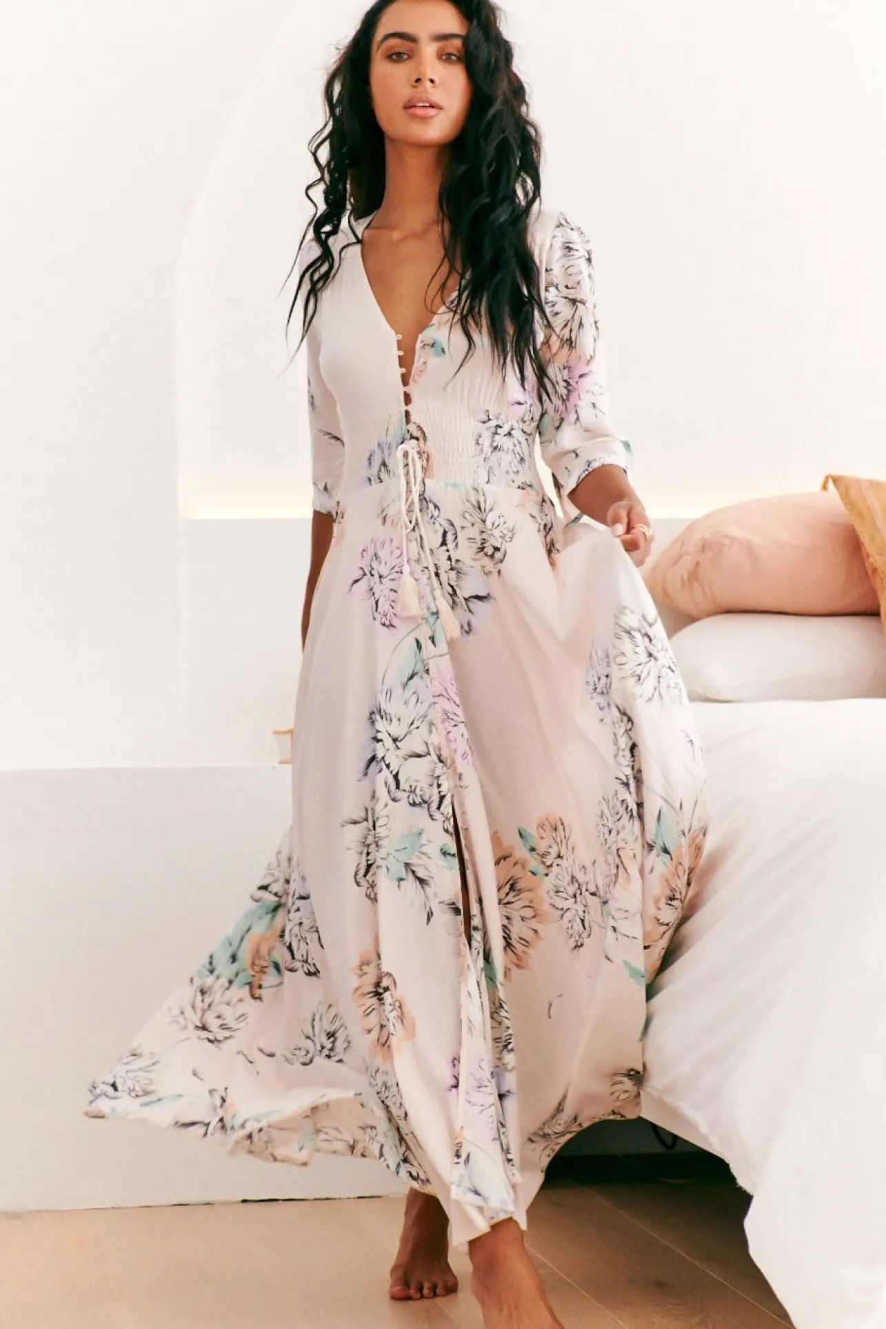 Indiana Maxi Dress - Lace Back Shirred Waist A Line Dress with Handkerchief Hemline in Blooming Bouquet Print>Jaase Sale