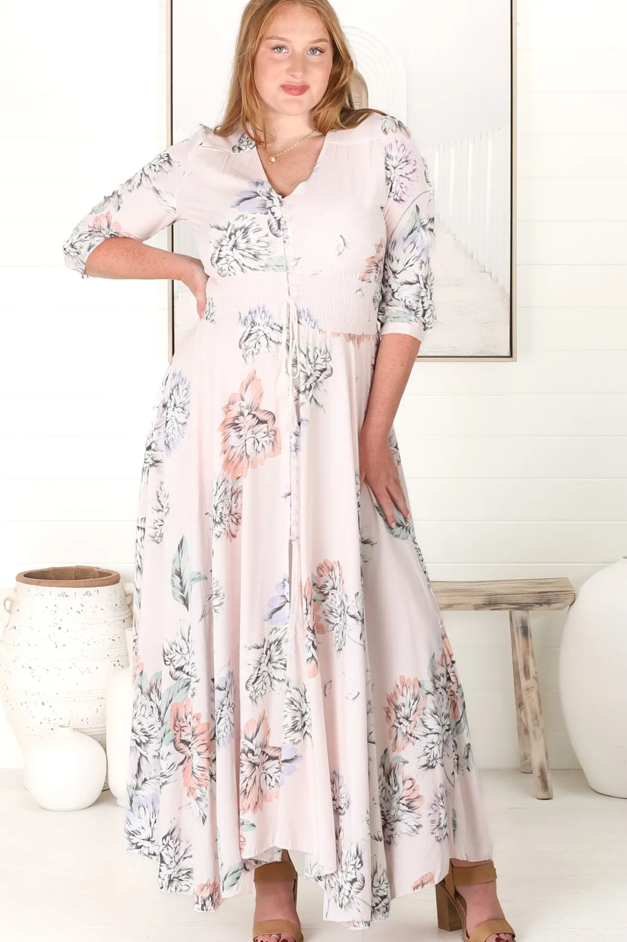 Indiana Maxi Dress - Lace Back Shirred Waist A Line Dress with Handkerchief Hemline in Blooming Bouquet Print>Jaase Sale