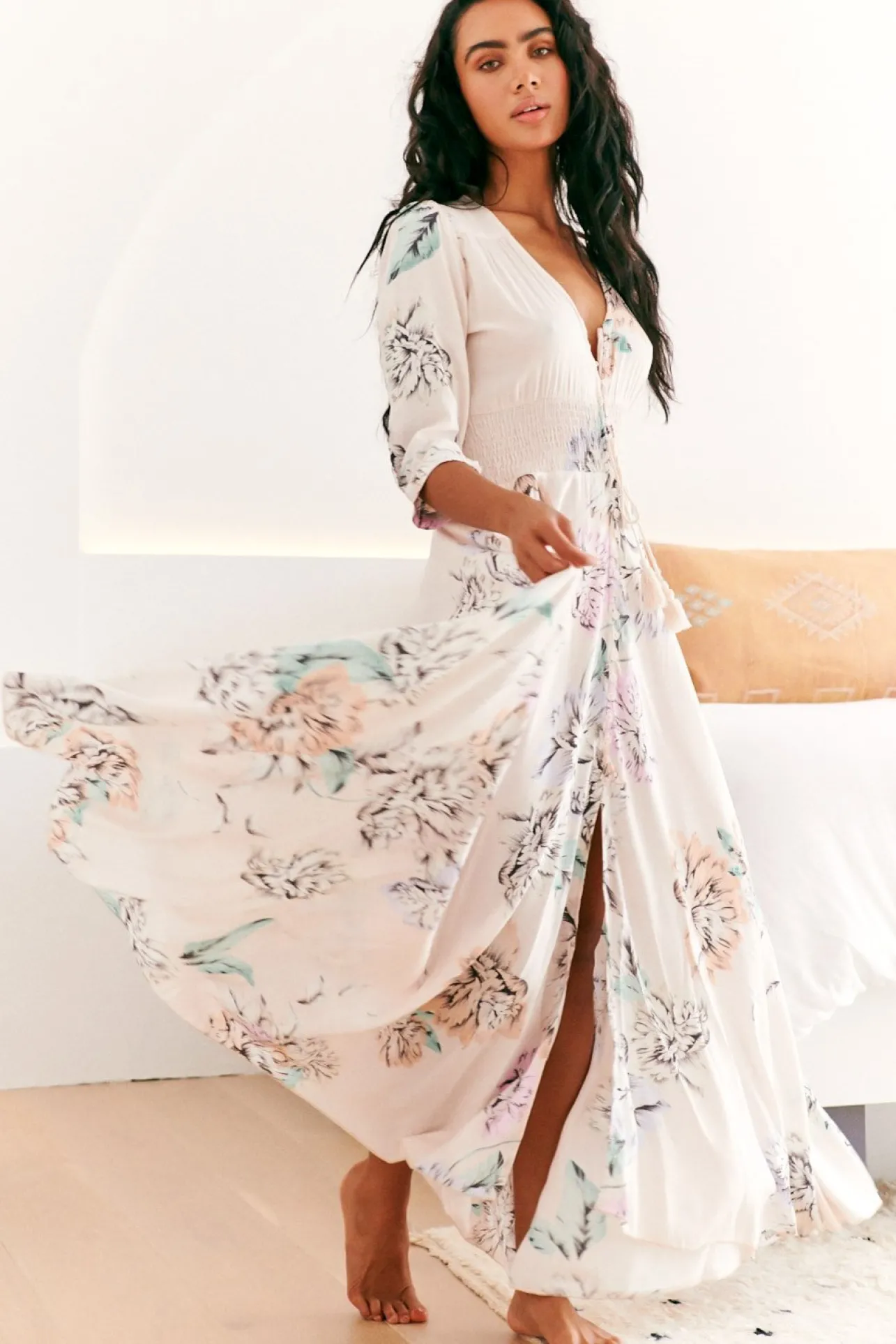 Indiana Maxi Dress - Lace Back Shirred Waist A Line Dress with Handkerchief Hemline in Blooming Bouquet Print>Jaase Sale