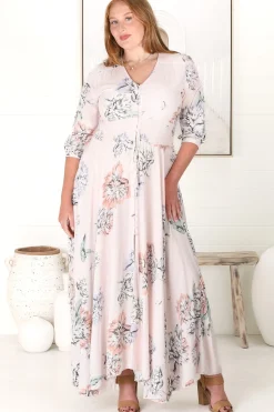 Indiana Maxi Dress - Lace Back Shirred Waist A Line Dress with Handkerchief Hemline in Blooming Bouquet Print><noscript><img width=