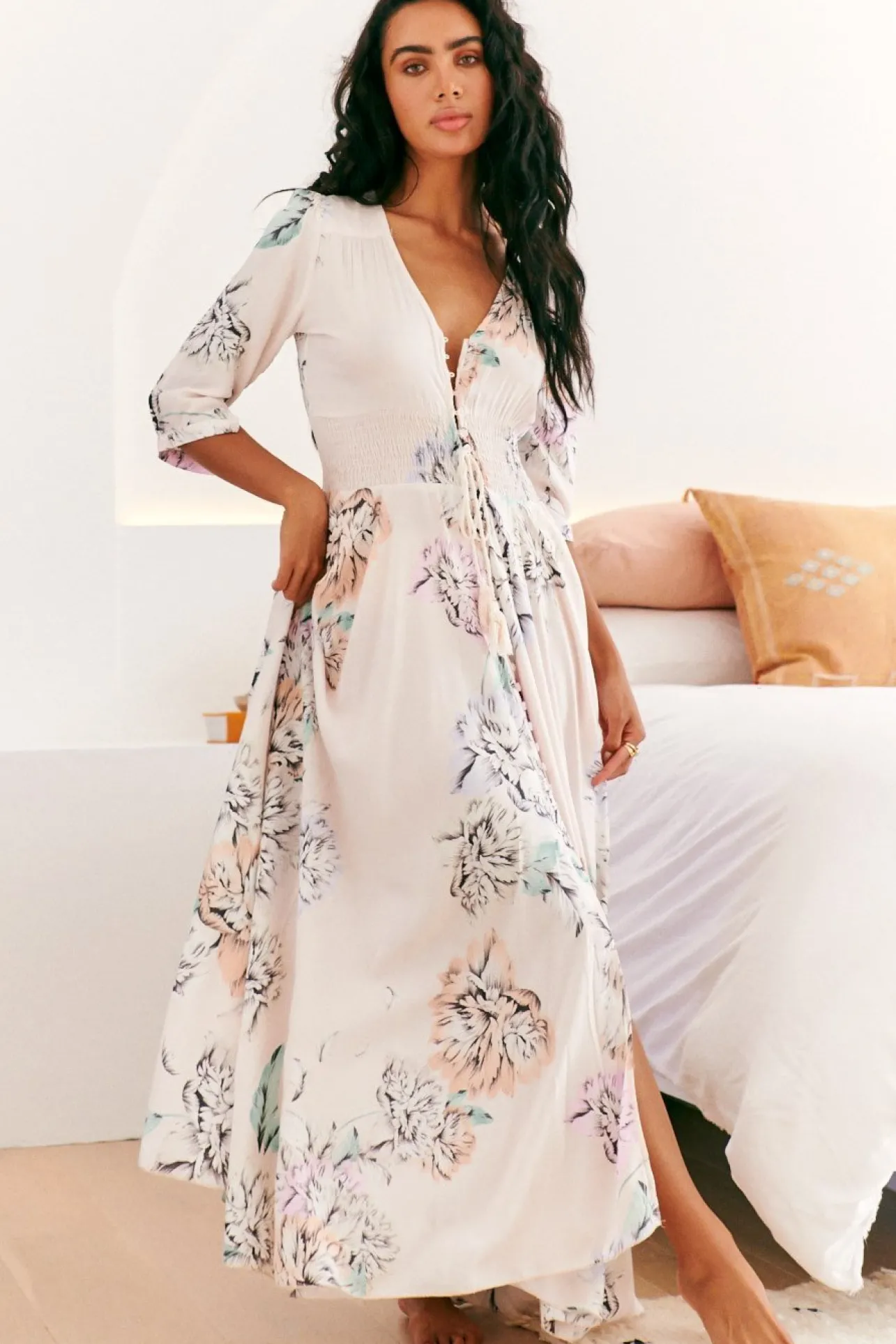 Indiana Maxi Dress - Lace Back Shirred Waist A Line Dress with Handkerchief Hemline in Blooming Bouquet Print>Jaase Sale