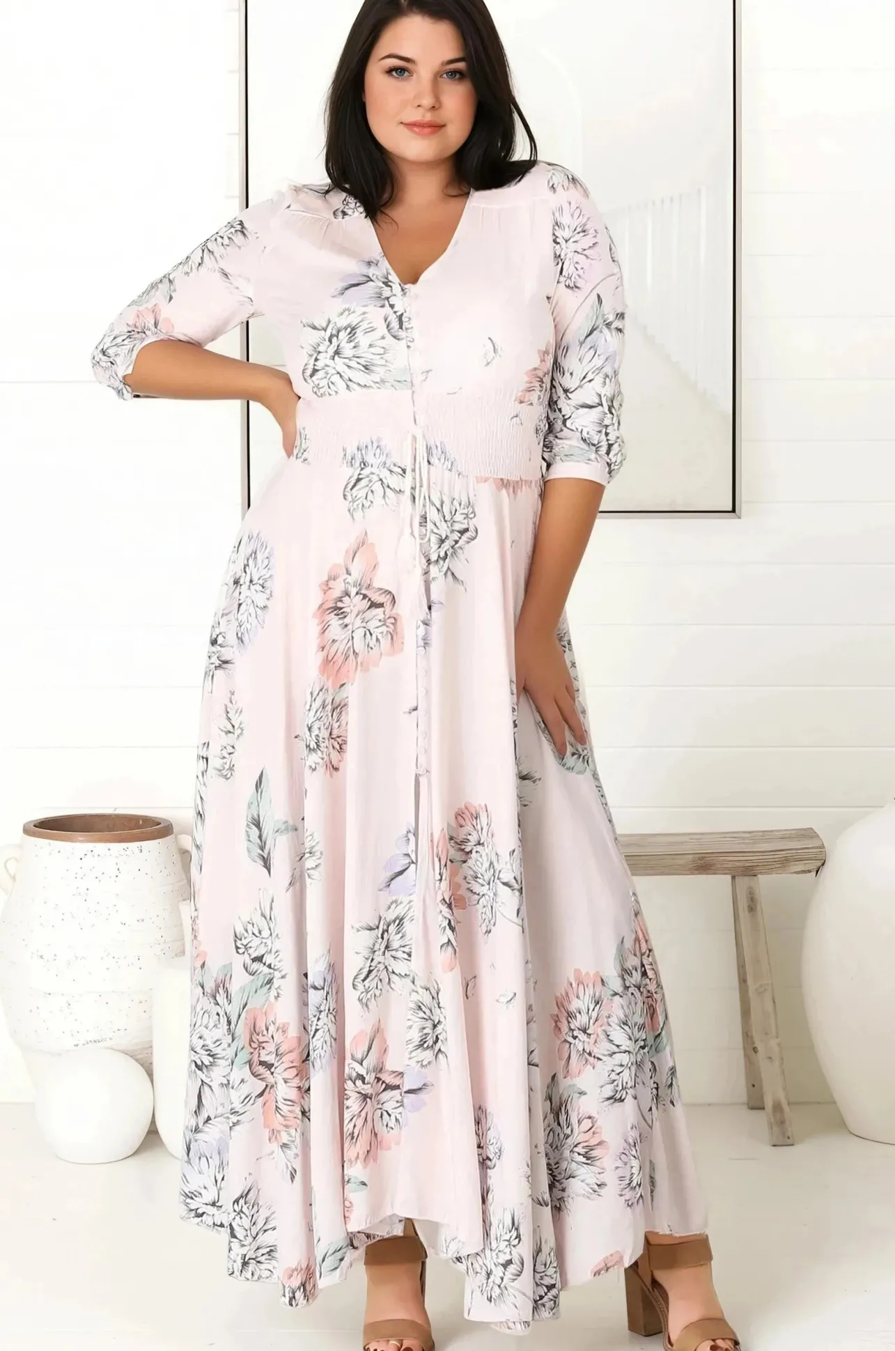 Indiana Maxi Dress - Lace Back Shirred Waist A Line Dress with Handkerchief Hemline in Blooming Bouquet Print>Jaase Sale