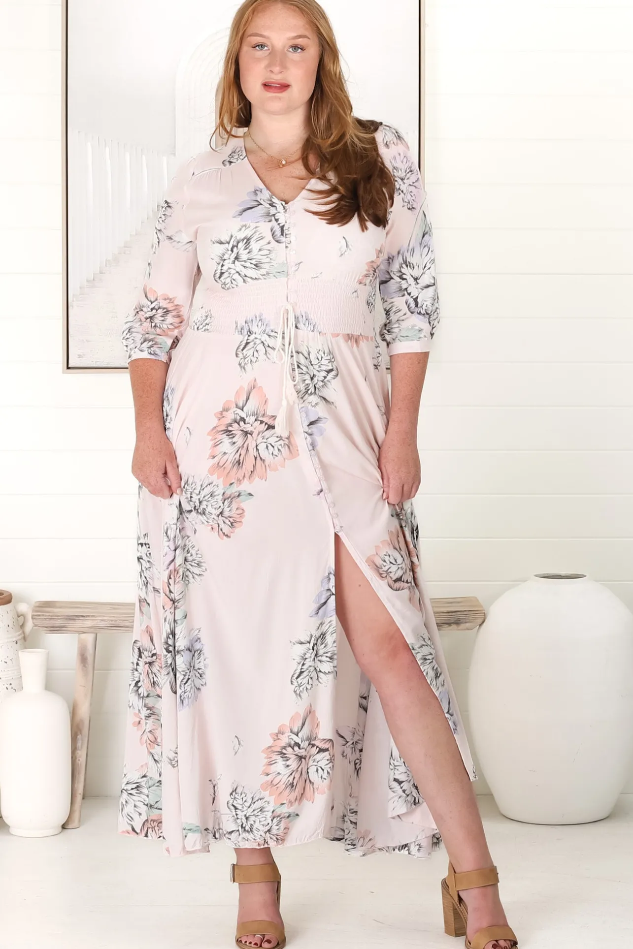 Indiana Maxi Dress - Lace Back Shirred Waist A Line Dress with Handkerchief Hemline in Blooming Bouquet Print>Jaase Sale