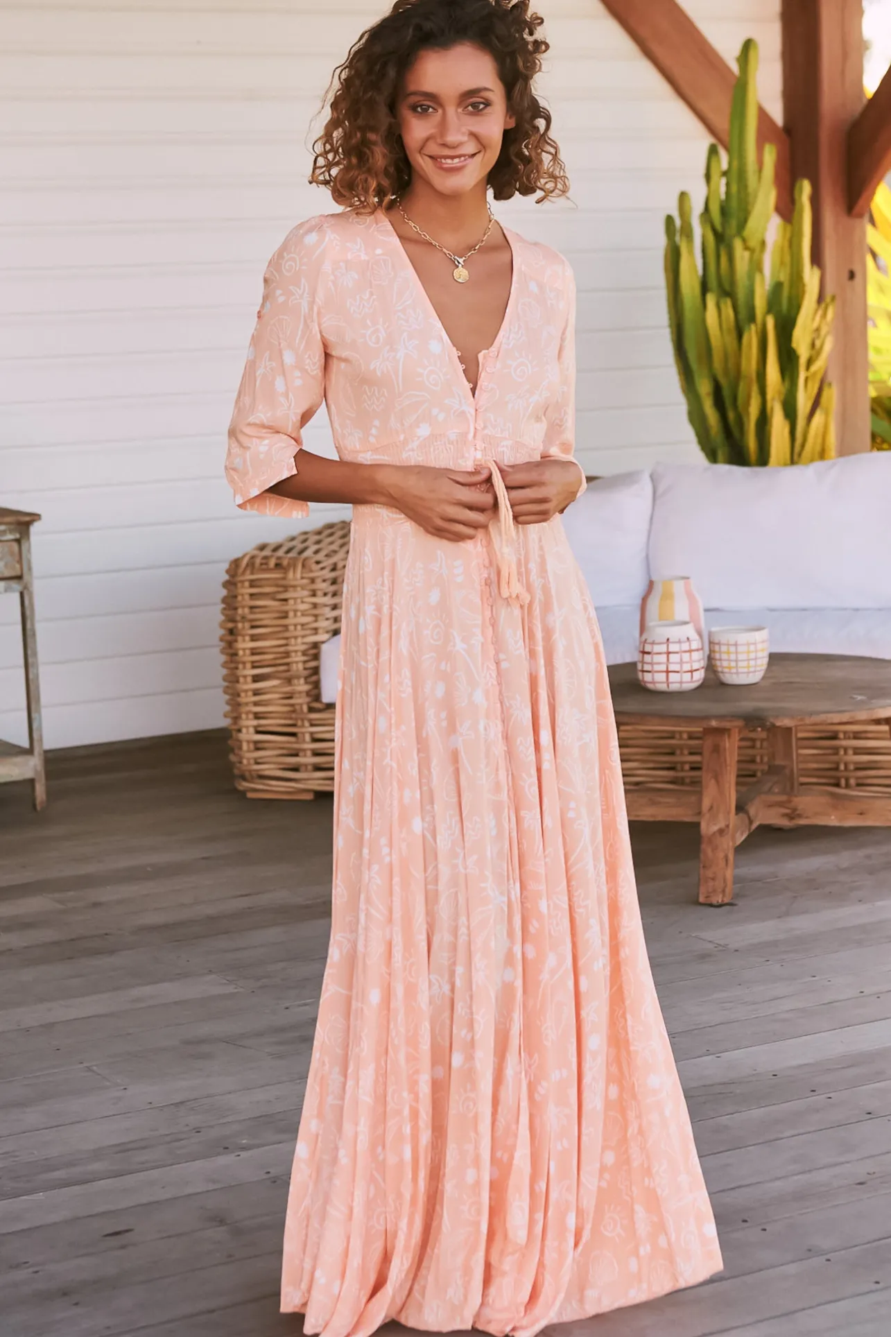 Indiana Maxi Dress - Lace Back Shirred Waist A Line Dress with Handkerchief Hemline in Peach Island Print>Jaase Clearance