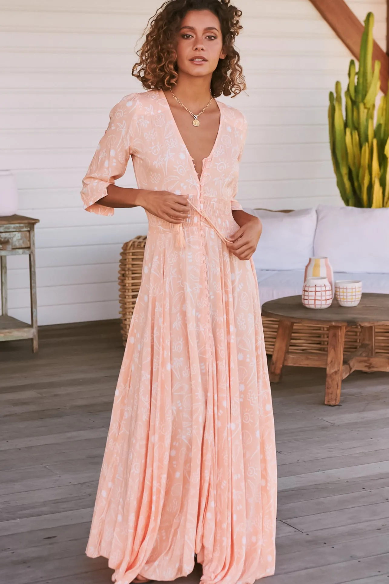 Indiana Maxi Dress - Lace Back Shirred Waist A Line Dress with Handkerchief Hemline in Peach Island Print>Jaase Clearance