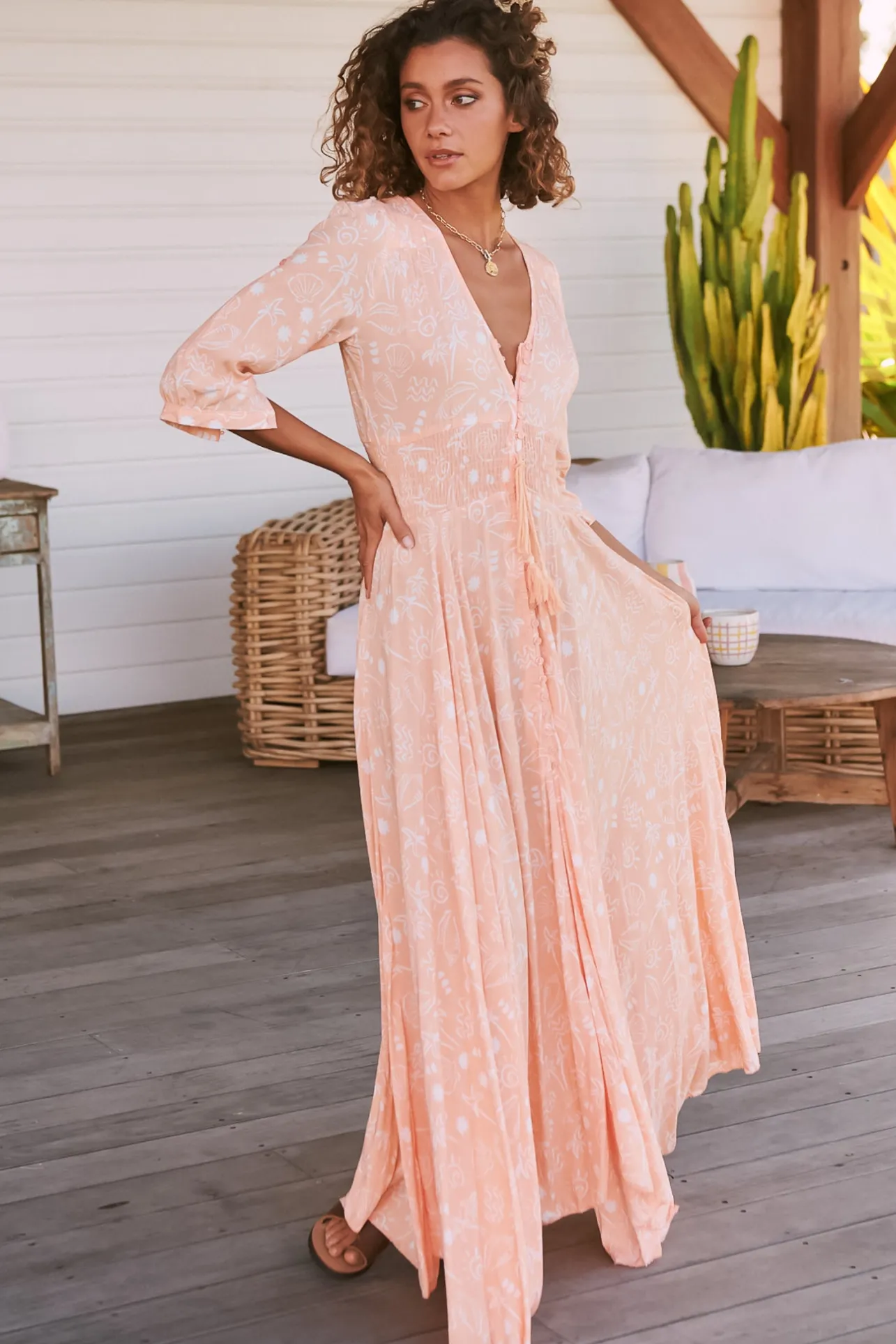 Indiana Maxi Dress - Lace Back Shirred Waist A Line Dress with Handkerchief Hemline in Peach Island Print>Jaase Clearance