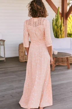 Indiana Maxi Dress - Lace Back Shirred Waist A Line Dress with Handkerchief Hemline in Peach Island Print><noscript><img width=