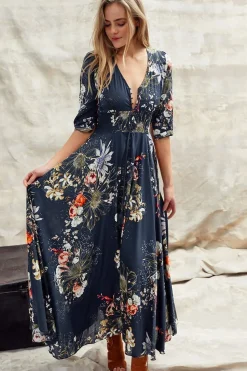 Indiana Maxi Dress - Lace Back Shirred Waist A Line Dress with Handkerchief Hemline in Indigo Print>Jaase Discount