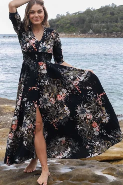 Indiana Maxi Dress - Lace Back Shirred Waist A Line Dress with Handkerchief Hemline in Indigo Print><noscript><img width=