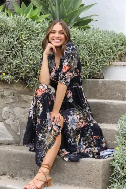 Indiana Maxi Dress - Lace Back Shirred Waist A Line Dress with Handkerchief Hemline in Indigo Print><noscript><img width=