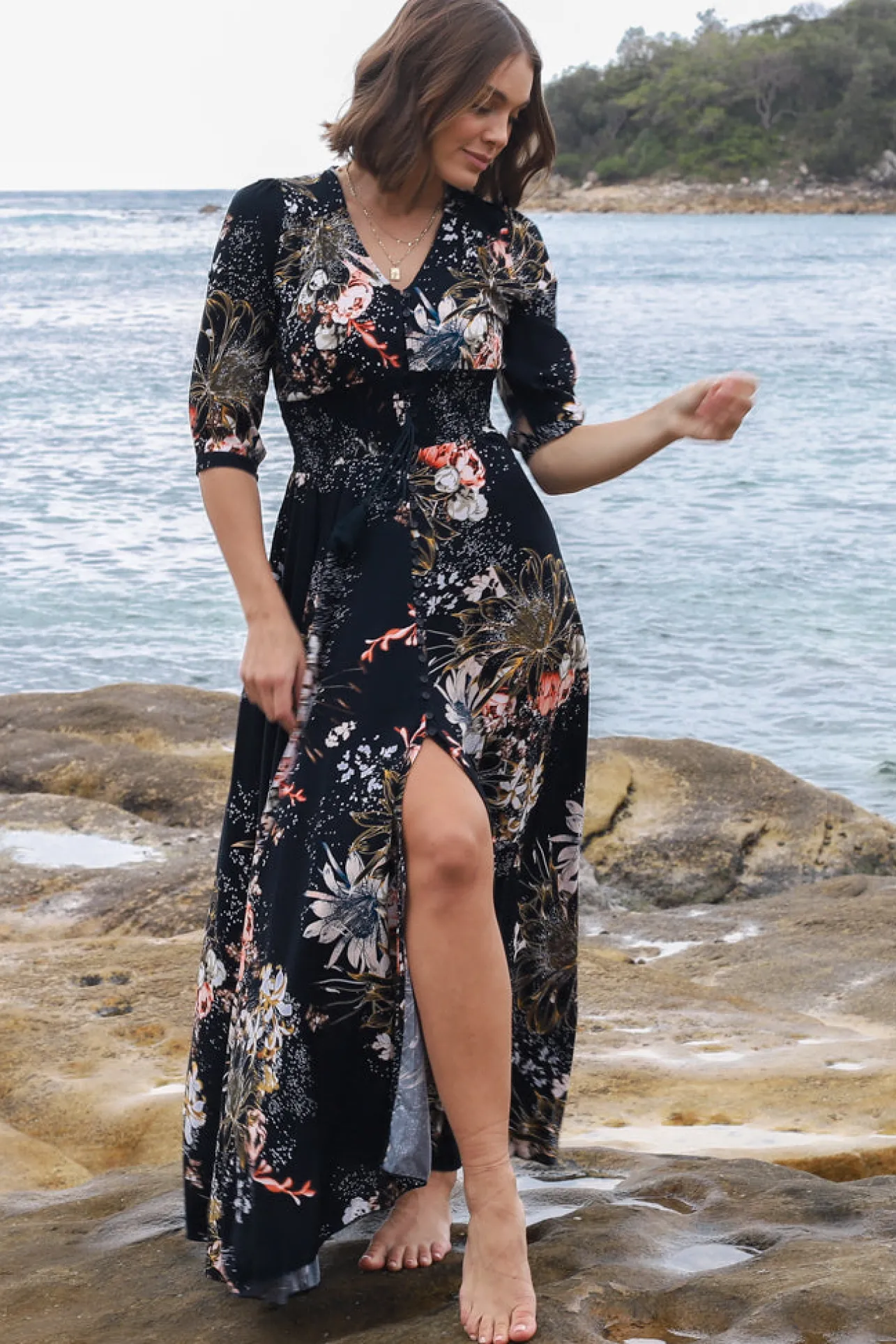 Indiana Maxi Dress - Lace Back Shirred Waist A Line Dress with Handkerchief Hemline in Indigo Print>Jaase Discount