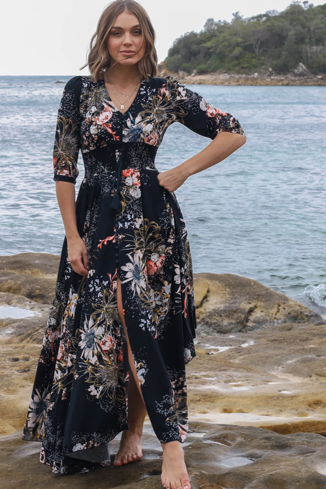 Indiana Maxi Dress - Lace Back Shirred Waist A Line Dress with Handkerchief Hemline in Indigo Print>Jaase Discount