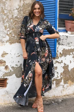 Indiana Maxi Dress - Lace Back Shirred Waist A Line Dress with Handkerchief Hemline in Indigo Print><noscript><img width=
