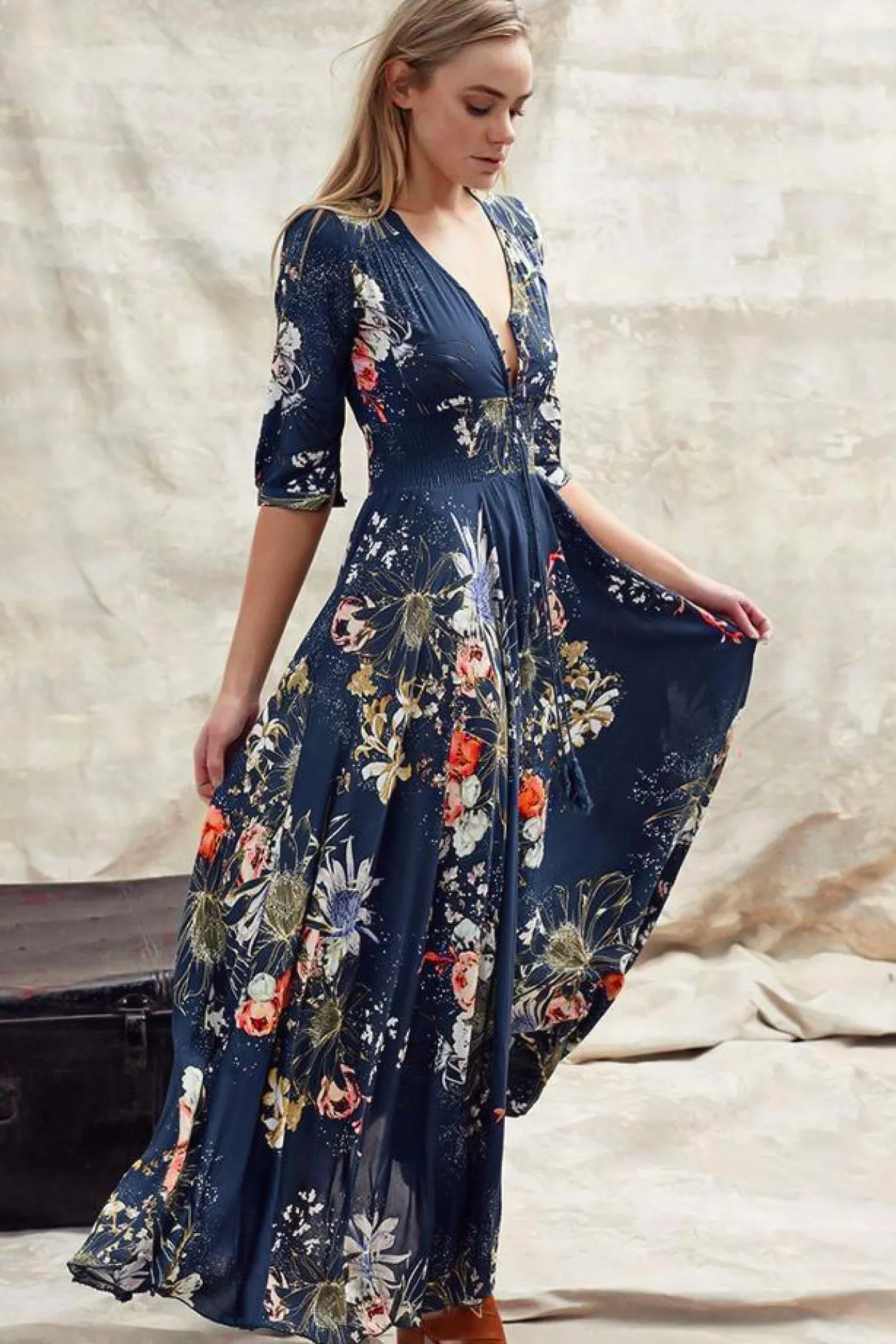 Indiana Maxi Dress - Lace Back Shirred Waist A Line Dress with Handkerchief Hemline in Indigo Print>Jaase Discount