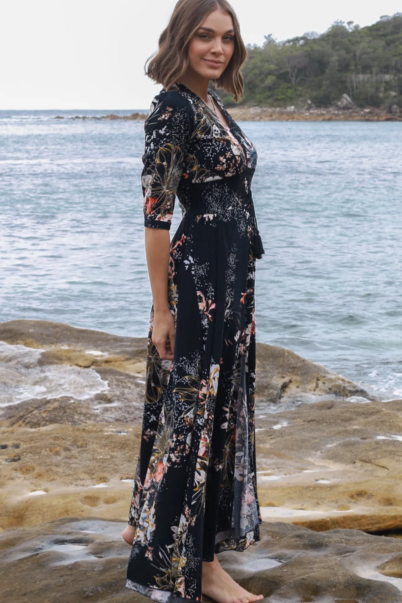 Indiana Maxi Dress - Lace Back Shirred Waist A Line Dress with Handkerchief Hemline in Indigo Print>Jaase Discount