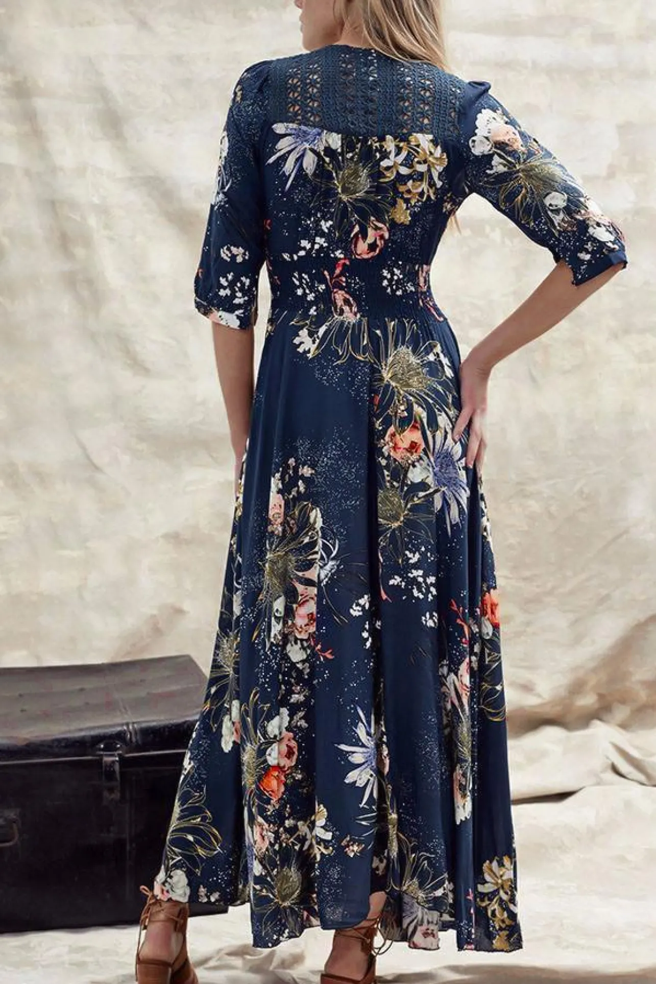 Indiana Maxi Dress - Lace Back Shirred Waist A Line Dress with Handkerchief Hemline in Indigo Print>Jaase Discount