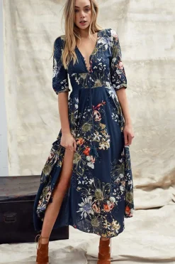Indiana Maxi Dress - Lace Back Shirred Waist A Line Dress with Handkerchief Hemline in Indigo Print><noscript><img width=
