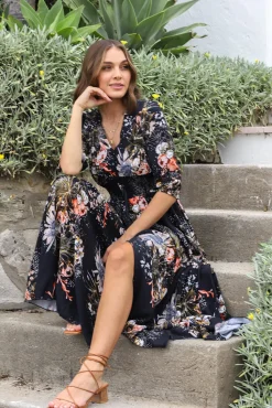 Indiana Maxi Dress - Lace Back Shirred Waist A Line Dress with Handkerchief Hemline in Indigo Print><noscript><img width=