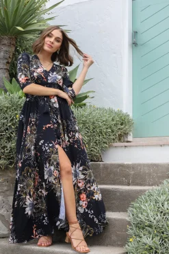 Indiana Maxi Dress - Lace Back Shirred Waist A Line Dress with Handkerchief Hemline in Indigo Print><noscript><img width=