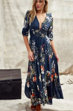 Indiana Maxi Dress - Lace Back Shirred Waist A Line Dress with Handkerchief Hemline in Indigo Print><noscript><img width=