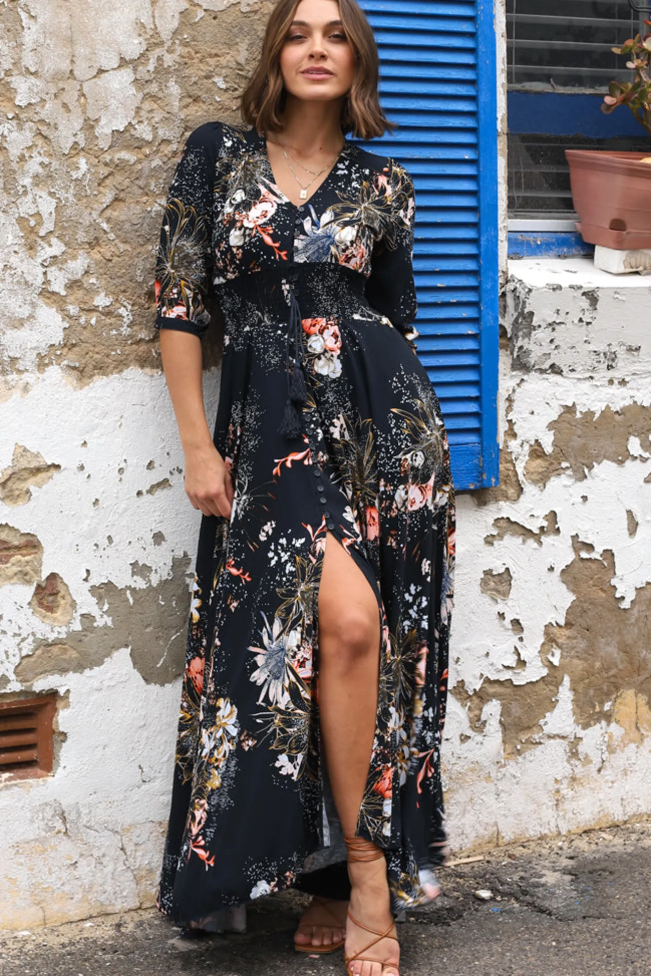 Indiana Maxi Dress - Lace Back Shirred Waist A Line Dress with Handkerchief Hemline in Indigo Print>Jaase Discount