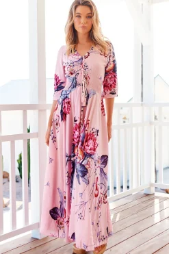 Indiana Maxi Dress - Lace Back Shirred Waist A Line Dress with Handkerchief Hemline in Dahlia Print>Jaase Hot