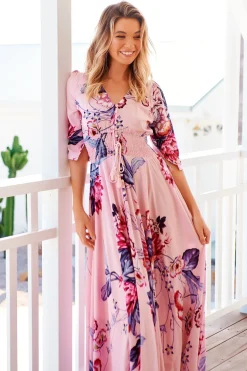 Indiana Maxi Dress - Lace Back Shirred Waist A Line Dress with Handkerchief Hemline in Dahlia Print><noscript><img width=