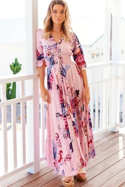 Indiana Maxi Dress - Lace Back Shirred Waist A Line Dress with Handkerchief Hemline in Dahlia Print><noscript><img width=
