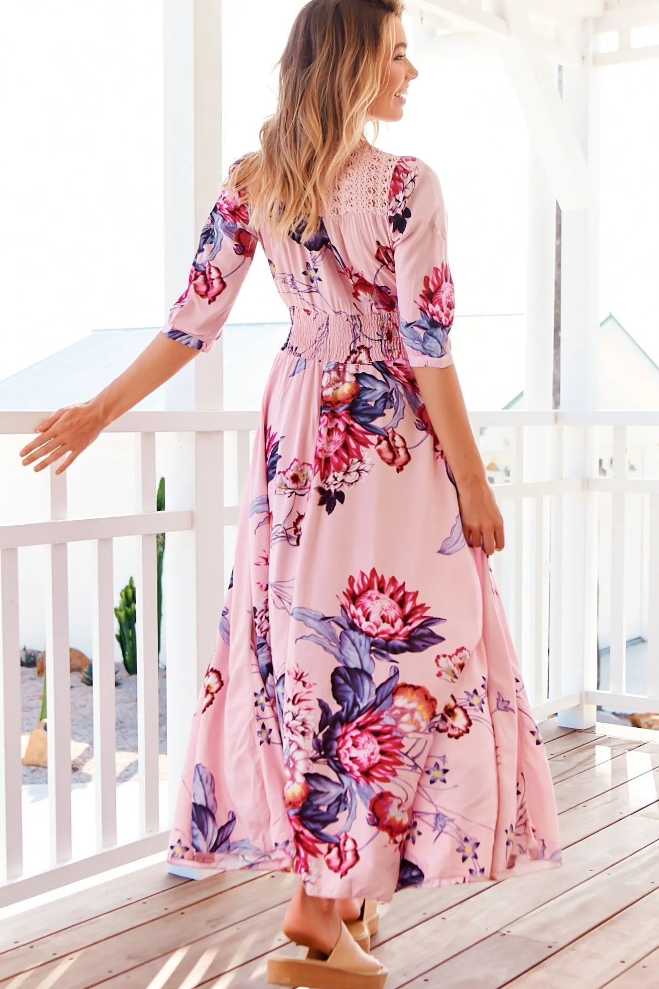 Indiana Maxi Dress - Lace Back Shirred Waist A Line Dress with Handkerchief Hemline in Dahlia Print>Jaase Hot