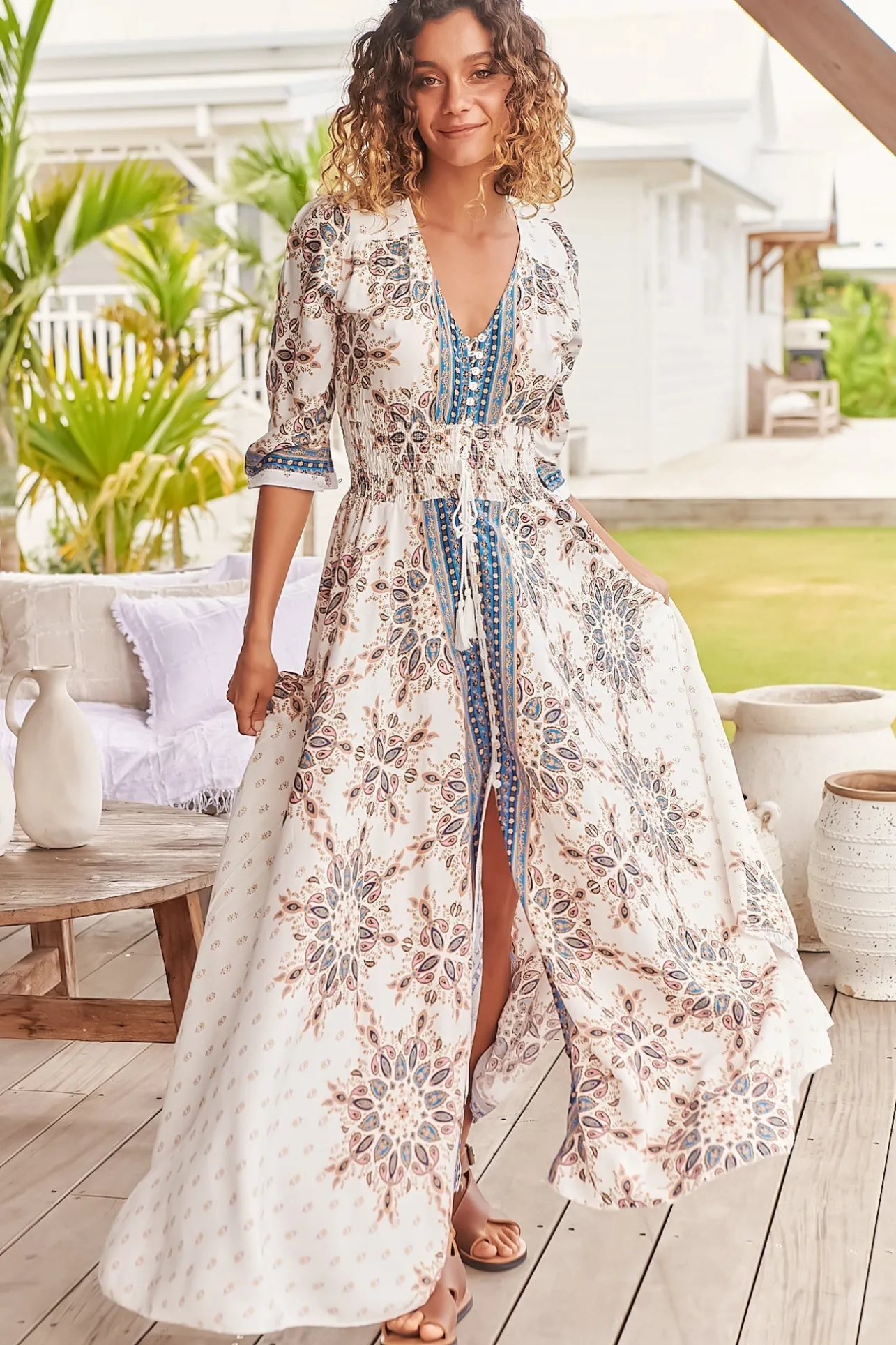 Indiana Maxi Dress - Lace Back Shirred Waist A Line Dress with Handkerchief Hemline in Gemstone Print>Jaase Outlet