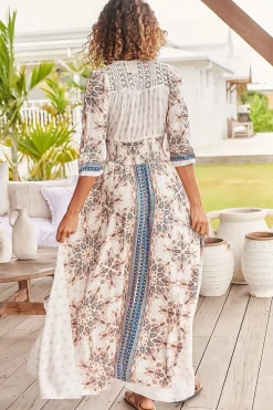 Indiana Maxi Dress - Lace Back Shirred Waist A Line Dress with Handkerchief Hemline in Gemstone Print><noscript><img width=