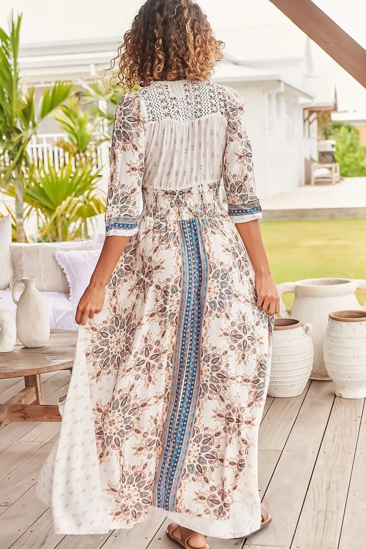 Indiana Maxi Dress - Lace Back Shirred Waist A Line Dress with Handkerchief Hemline in Gemstone Print>Jaase Outlet