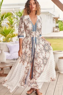 Indiana Maxi Dress - Lace Back Shirred Waist A Line Dress with Handkerchief Hemline in Gemstone Print><noscript><img width=