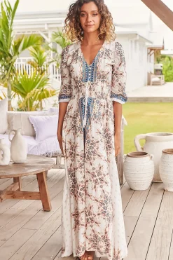 Indiana Maxi Dress - Lace Back Shirred Waist A Line Dress with Handkerchief Hemline in Gemstone Print><noscript><img width=