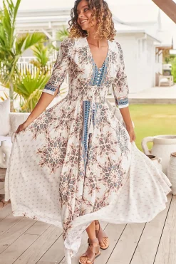 Indiana Maxi Dress - Lace Back Shirred Waist A Line Dress with Handkerchief Hemline in Gemstone Print><noscript><img width=