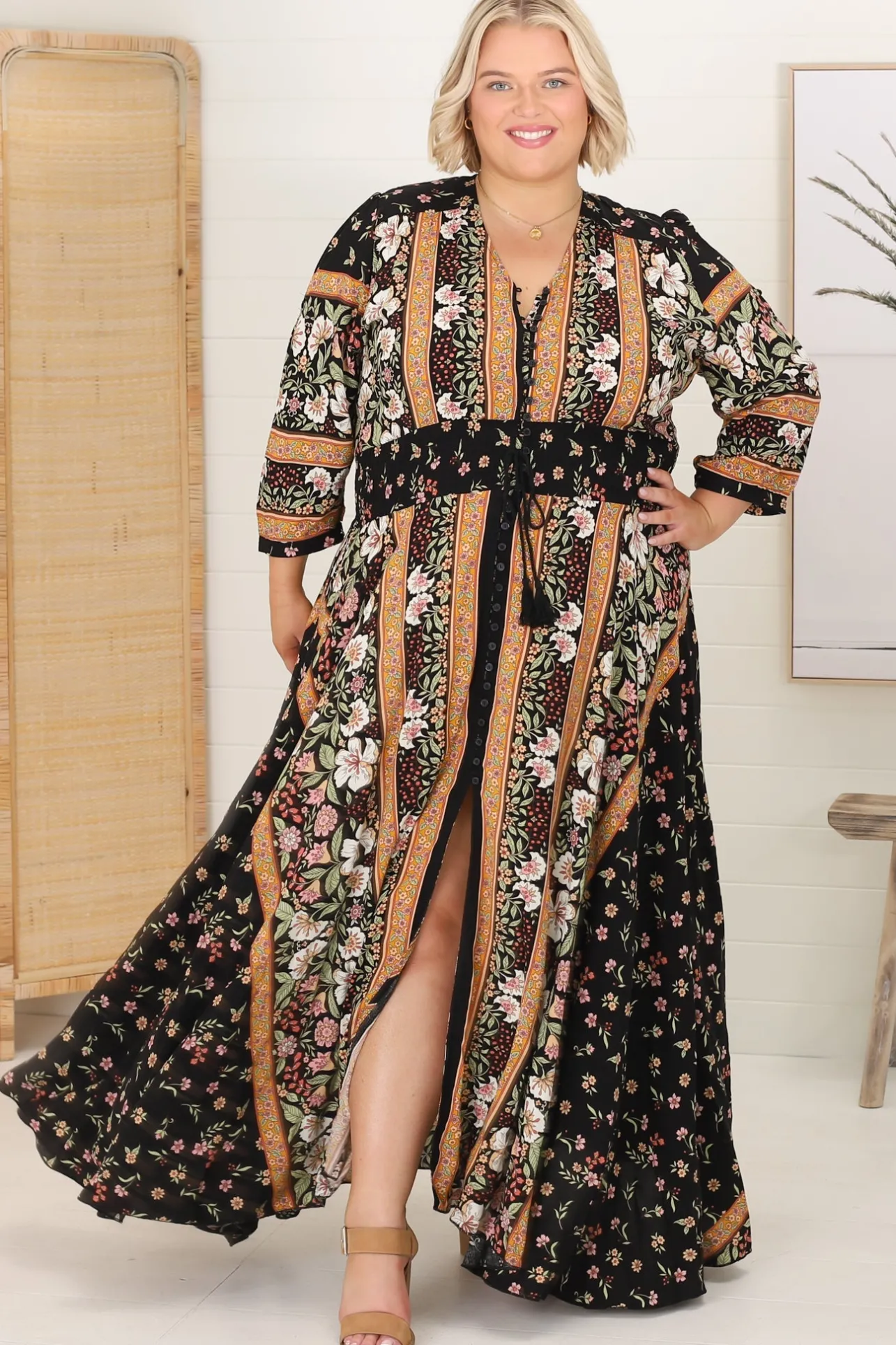 Indiana Maxi Dress - Lace Back Shirred Waist A Line Dress with Handkerchief Hemline in Eternity Print>Jaase Best