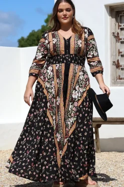 Indiana Maxi Dress - Lace Back Shirred Waist A Line Dress with Handkerchief Hemline in Eternity Print><noscript><img width=