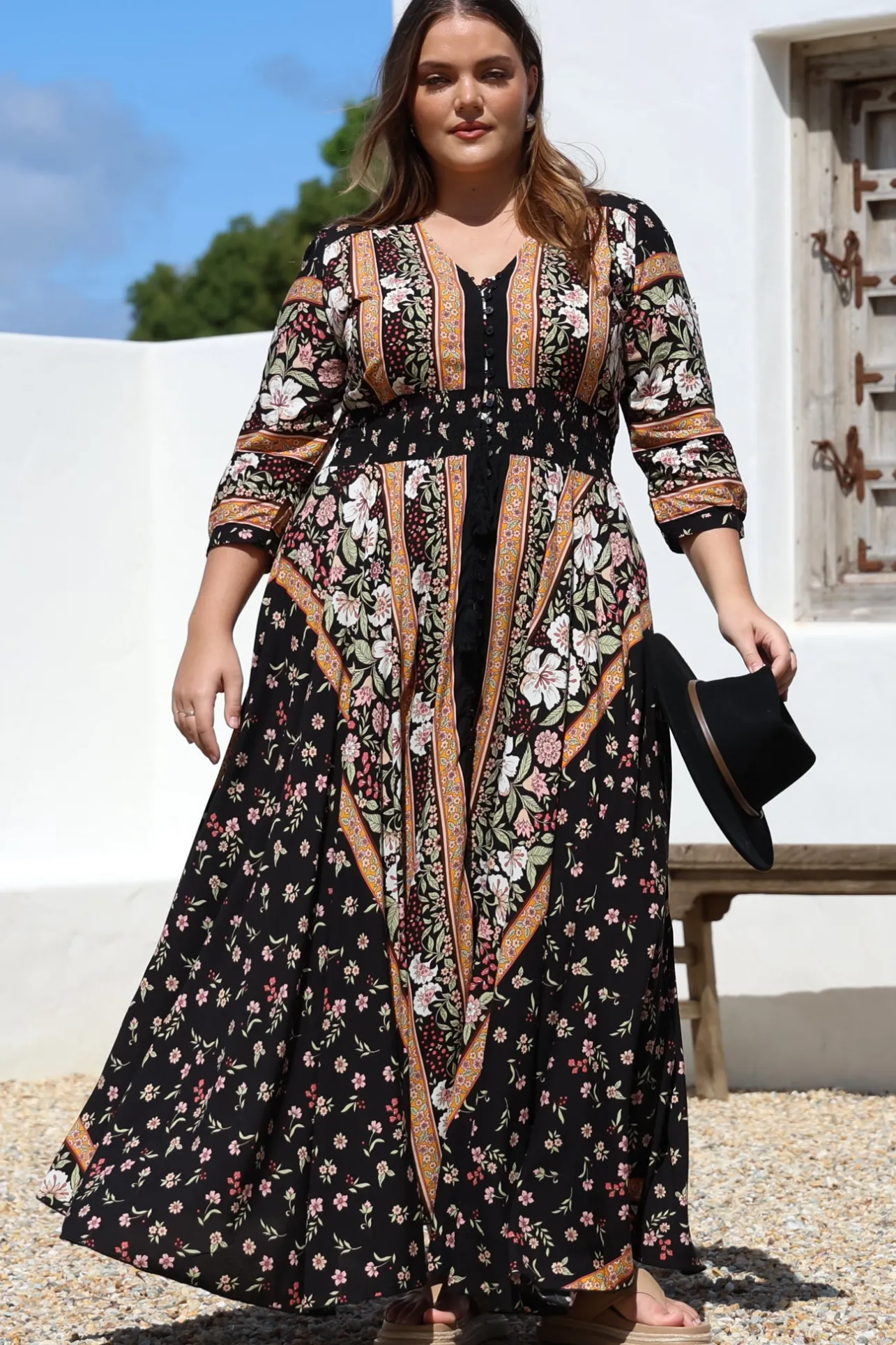 Indiana Maxi Dress - Lace Back Shirred Waist A Line Dress with Handkerchief Hemline in Eternity Print>Jaase Best