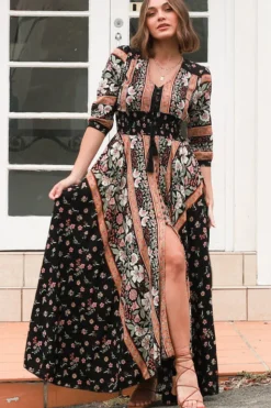 Indiana Maxi Dress - Lace Back Shirred Waist A Line Dress with Handkerchief Hemline in Eternity Print><noscript><img width=