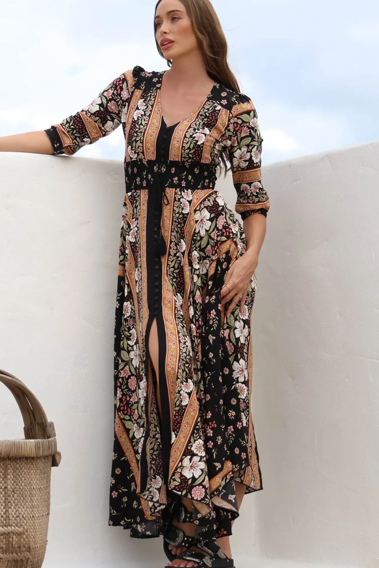 Indiana Maxi Dress - Lace Back Shirred Waist A Line Dress with Handkerchief Hemline in Eternity Print>Jaase Best