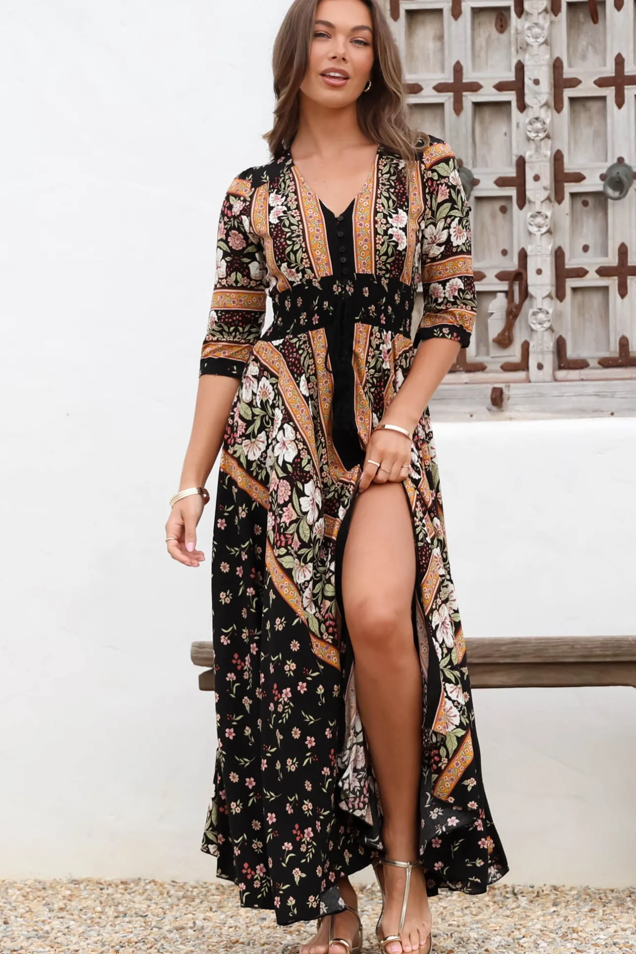 Indiana Maxi Dress - Lace Back Shirred Waist A Line Dress with Handkerchief Hemline in Eternity Print>Jaase Best