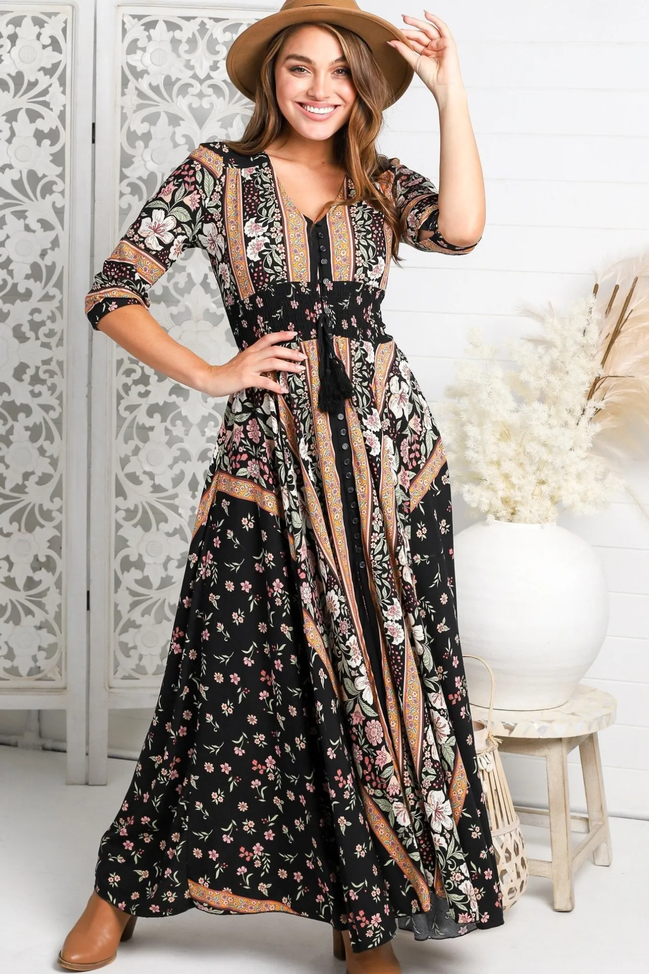 Indiana Maxi Dress - Lace Back Shirred Waist A Line Dress with Handkerchief Hemline in Eternity Print>Jaase Best