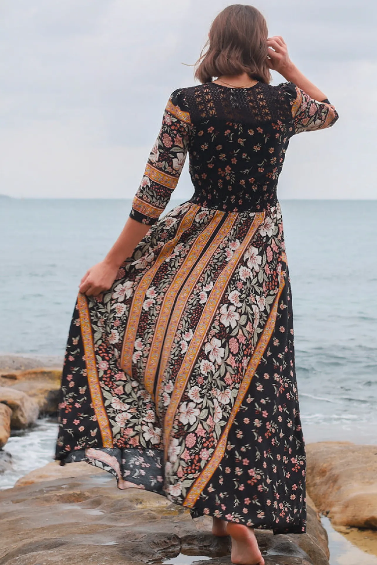 Indiana Maxi Dress - Lace Back Shirred Waist A Line Dress with Handkerchief Hemline in Eternity Print>Jaase Best