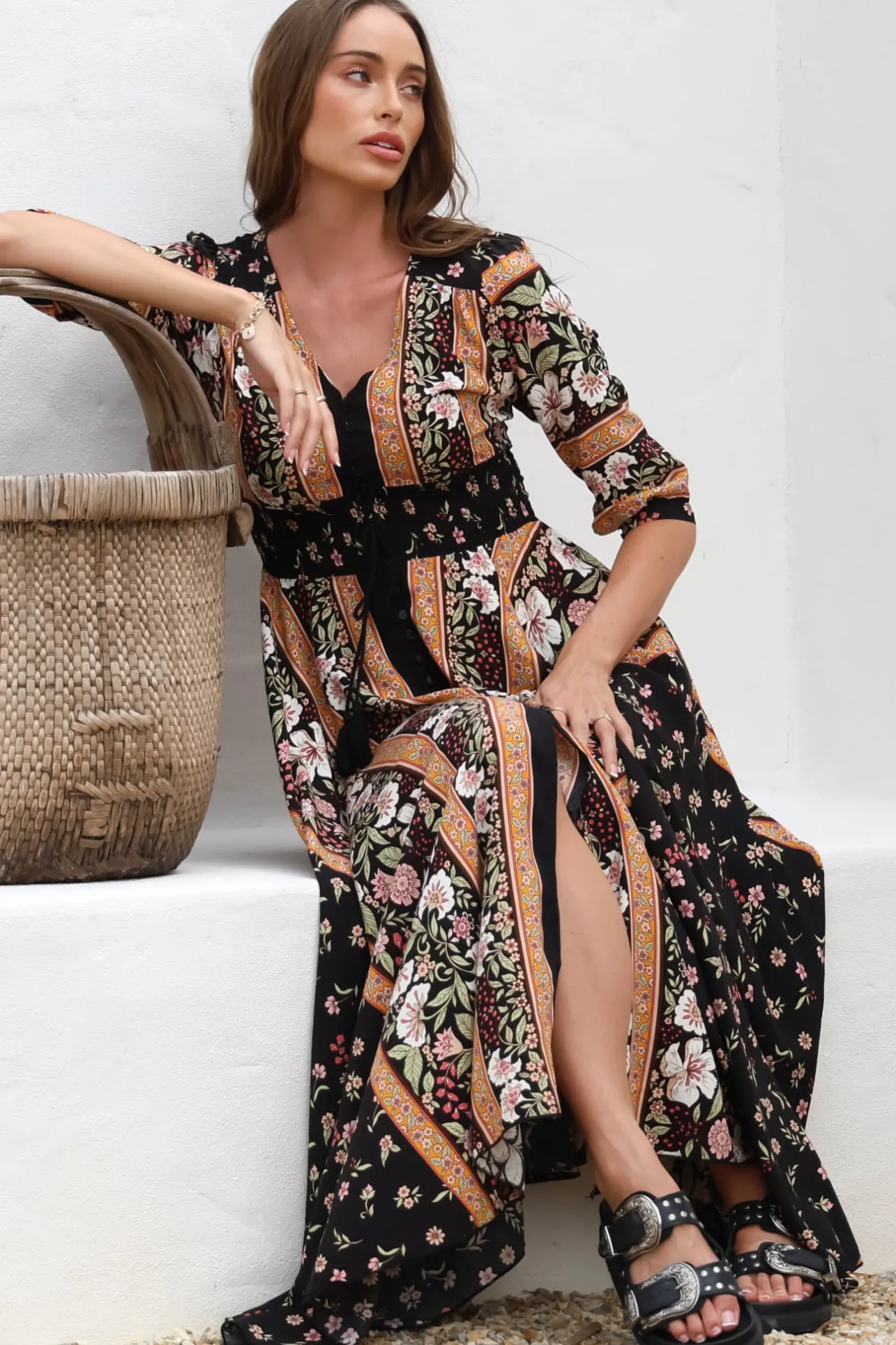 Indiana Maxi Dress - Lace Back Shirred Waist A Line Dress with Handkerchief Hemline in Eternity Print>Jaase Best